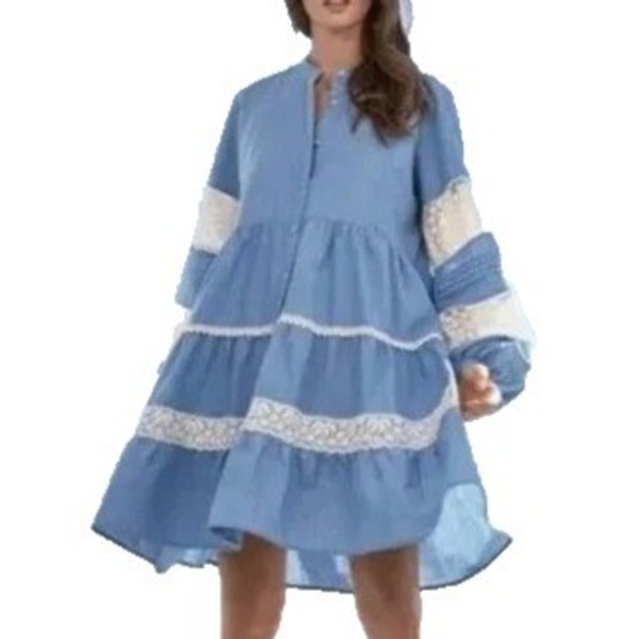 Johnny Was Dresses & Skirts - Johnny Was Laguna Pieced Dress Sz Lg Blue Chambray Tunic Lace Trim Bohemian Fall